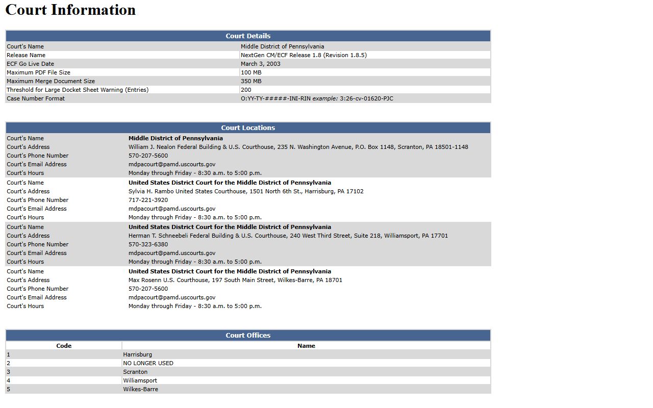 Lackawanna County court dockets Middle District CM ECF court information