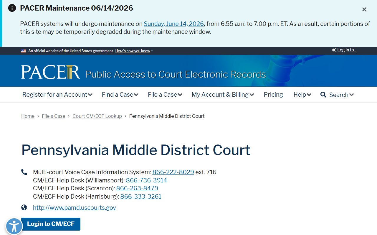 Lackawanna County court dockets PACER lookup for Middle District Court