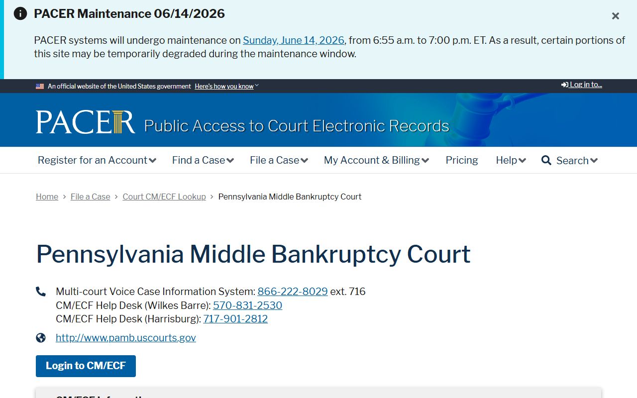 Lackawanna County court dockets PACER lookup for Middle Bankruptcy Court