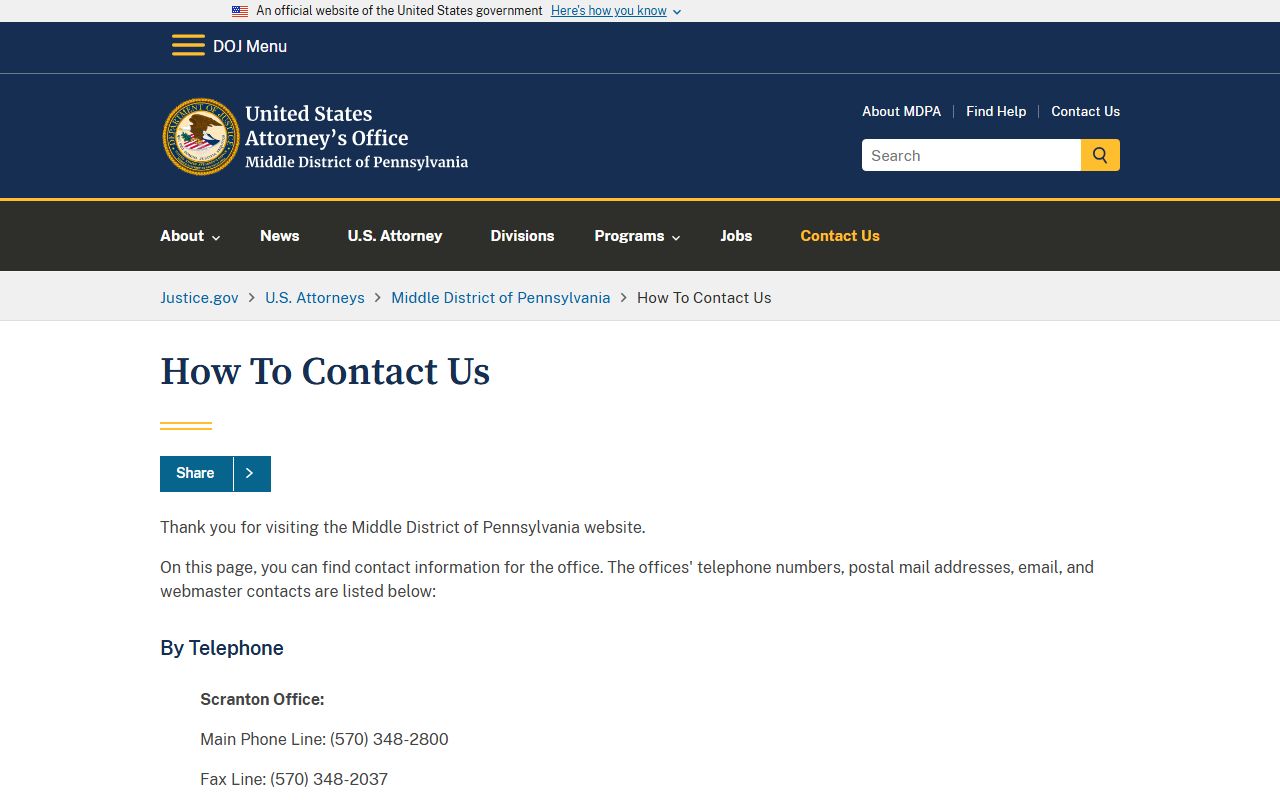 Lackawanna County court records Middle District federal contact page