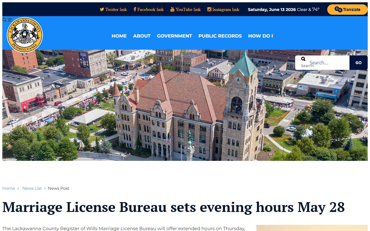 Lackawanna County marriage records extended hours notice