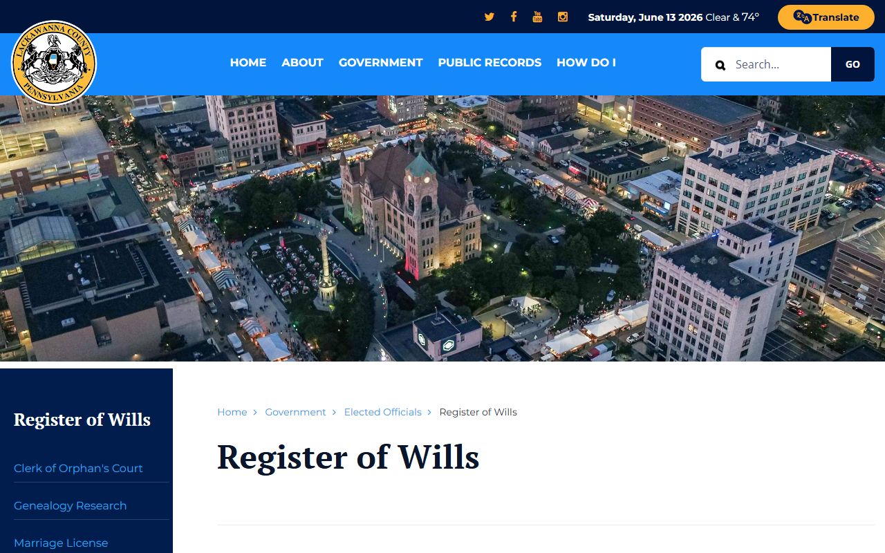 Lackawanna County probate records Register of Wills page
